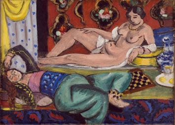 Henri Matisse Två odalisker varav en är avklädd, ornamental bakgrund och dambräde, 1928 © Succession H Matisse/BUS 2011